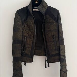 blanc noir Quilted Camouflage Bomber Jacket in Olive and Black